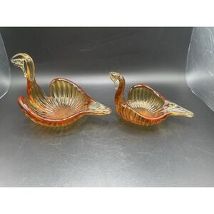 Set of Italy Hand Blown Art Glass Amber Swan Candy Dish‎ Nut Dish Trinket Dish
